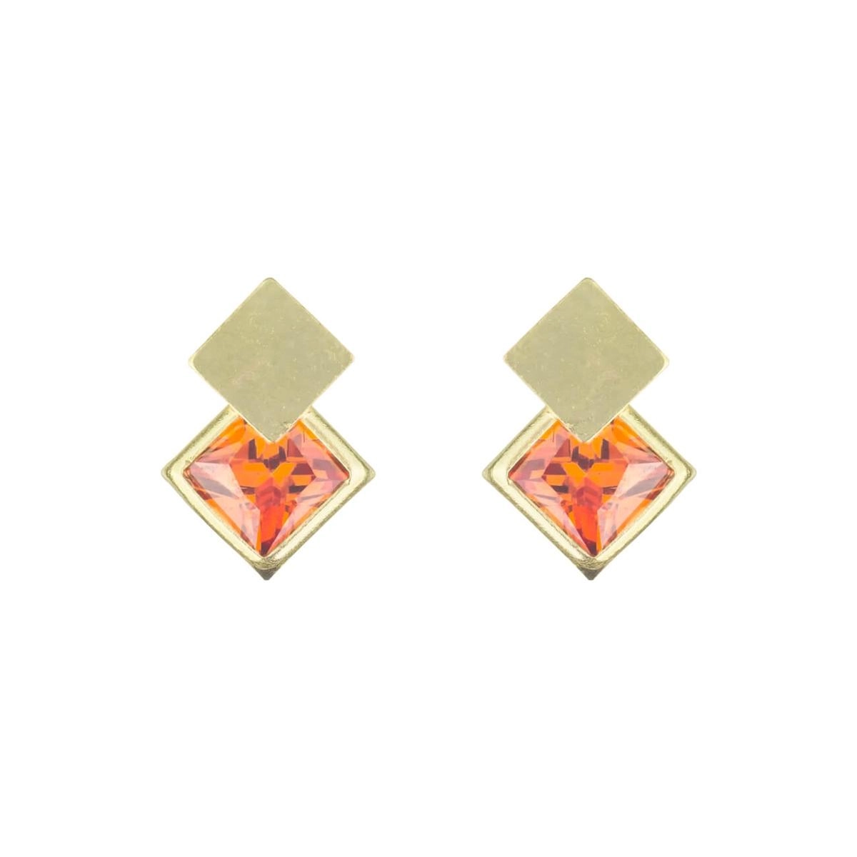 Brinco Ouro 18k Carret 4mm Zirconia Laranja 0.60 Gramas