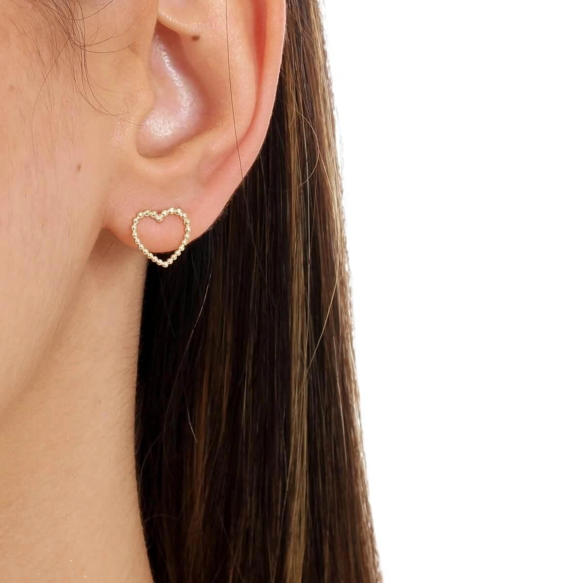 Brinco Ouro 18k Coração Bolinhas 11mm 