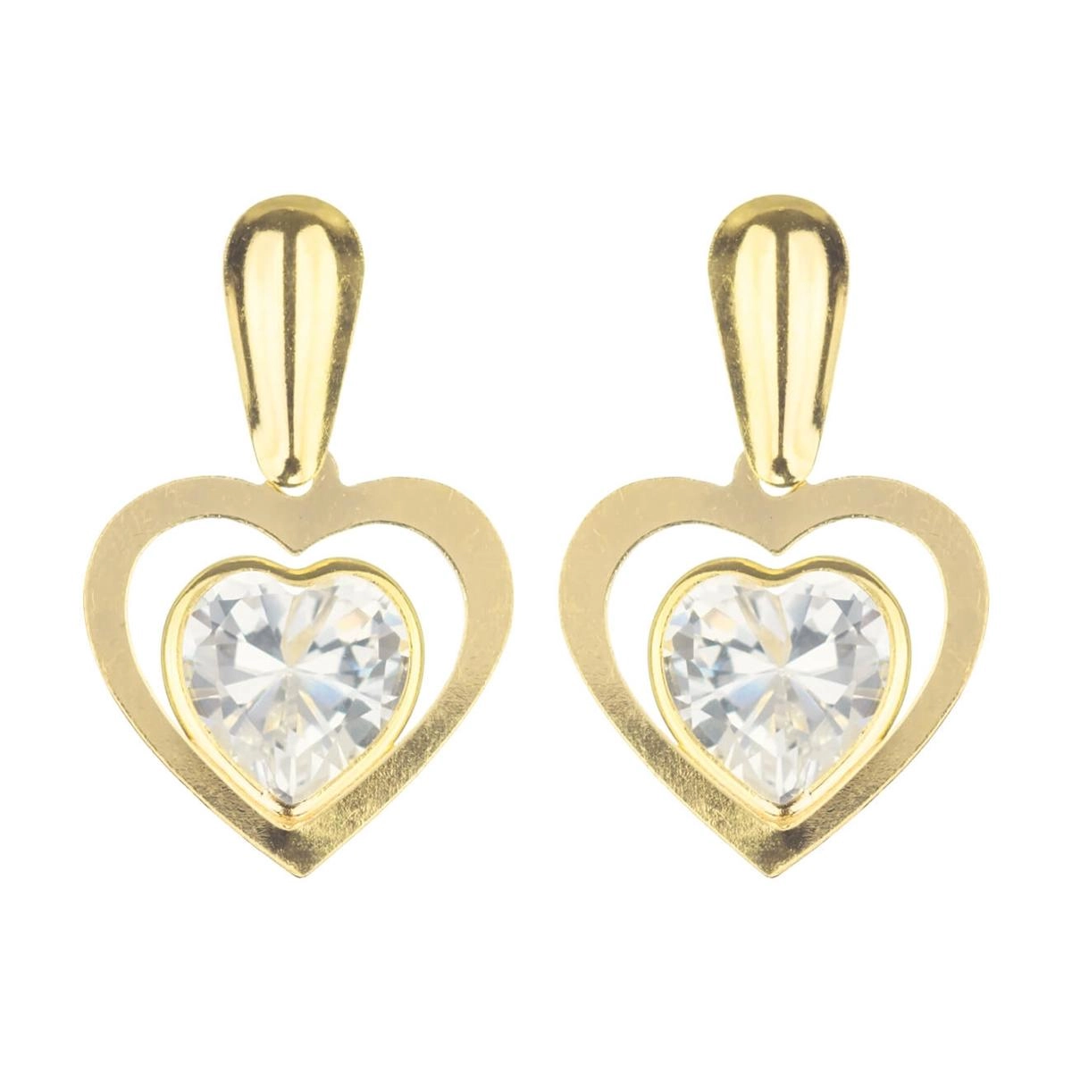 Brinco Ouro 18k Coração C/ Coração Zirconia 7mm 1.80 Gramas