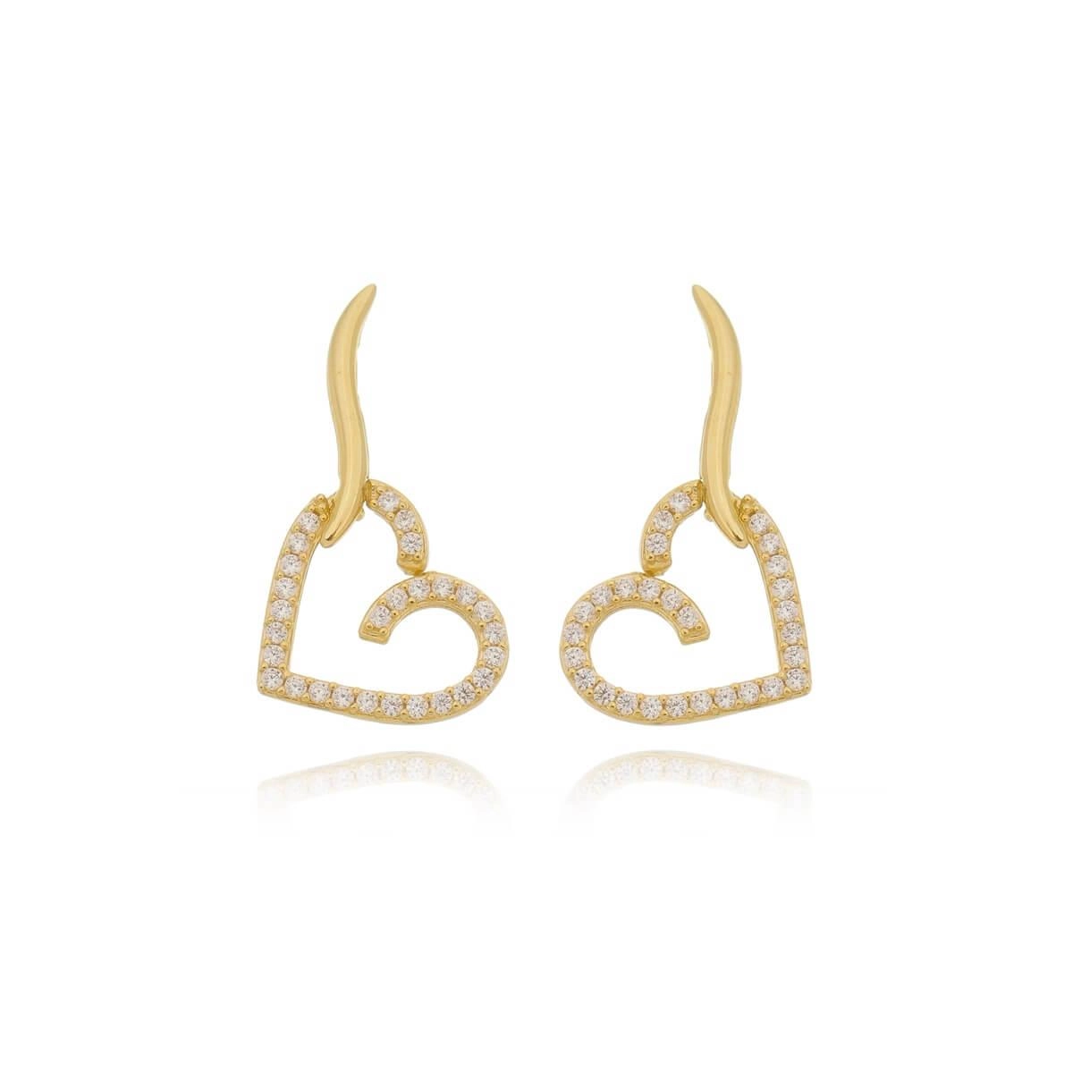 Brinco Ouro 18k Coração C/Zircônias Pendurado 2.30cm 