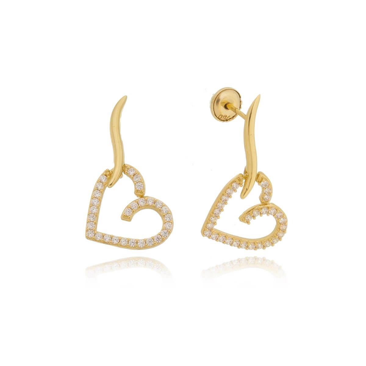 Brinco Ouro 18k Coração C/Zircônias Pendurado 2.30cm 