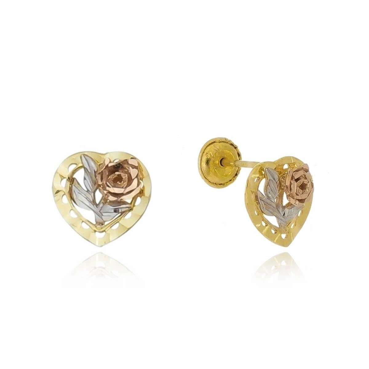 Brinco Ouro 18k Coração Flor Tricolor 8.80mm