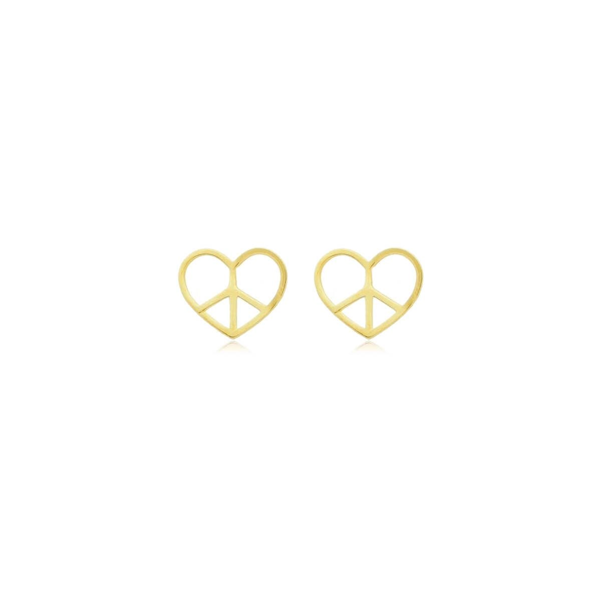 Brinco Ouro 18k Coração Paz e Amor