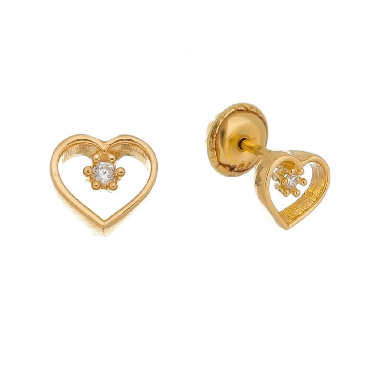 Brinco Ouro 18k Coração Vazado C/ Pedra 5.20mm