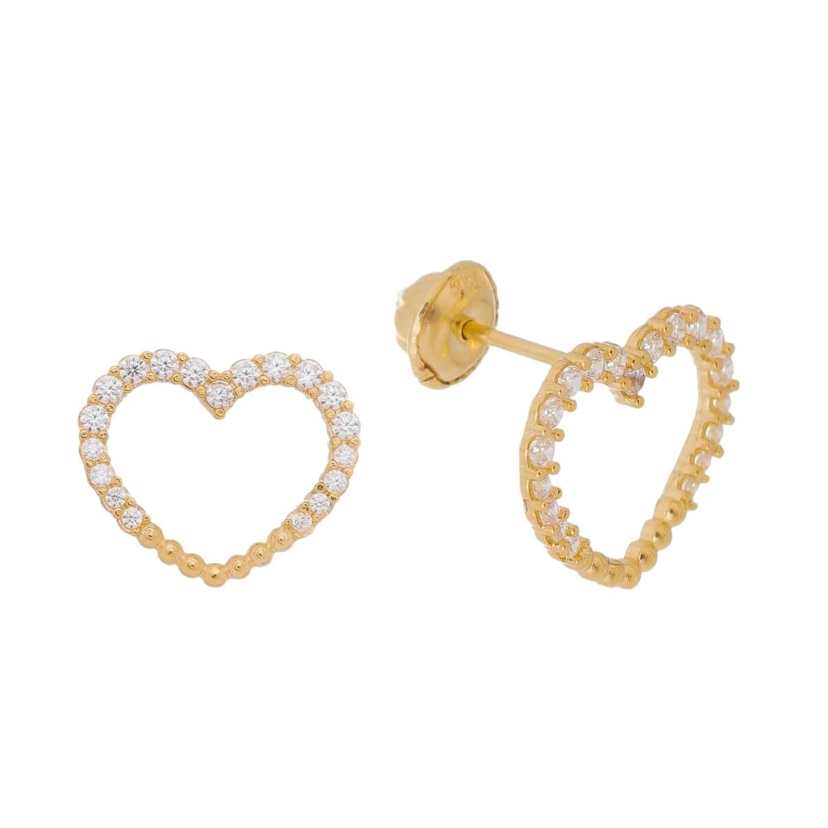 Brinco Ouro 18k Coração Vazado C/ Pedras e Bolinhas 10.50mm