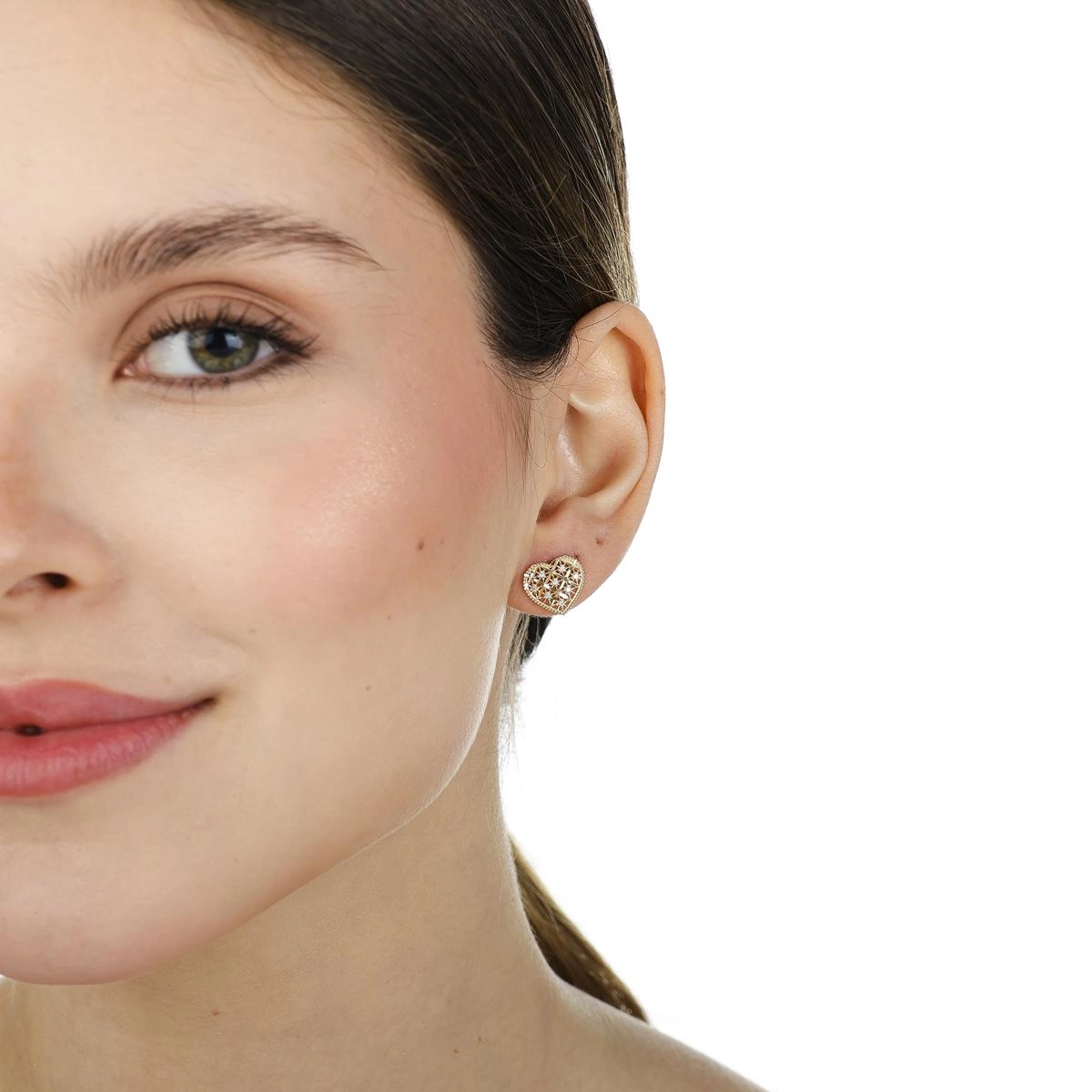 Brinco Ouro 18k Coração Vazado C/Zircônias 1.10cm