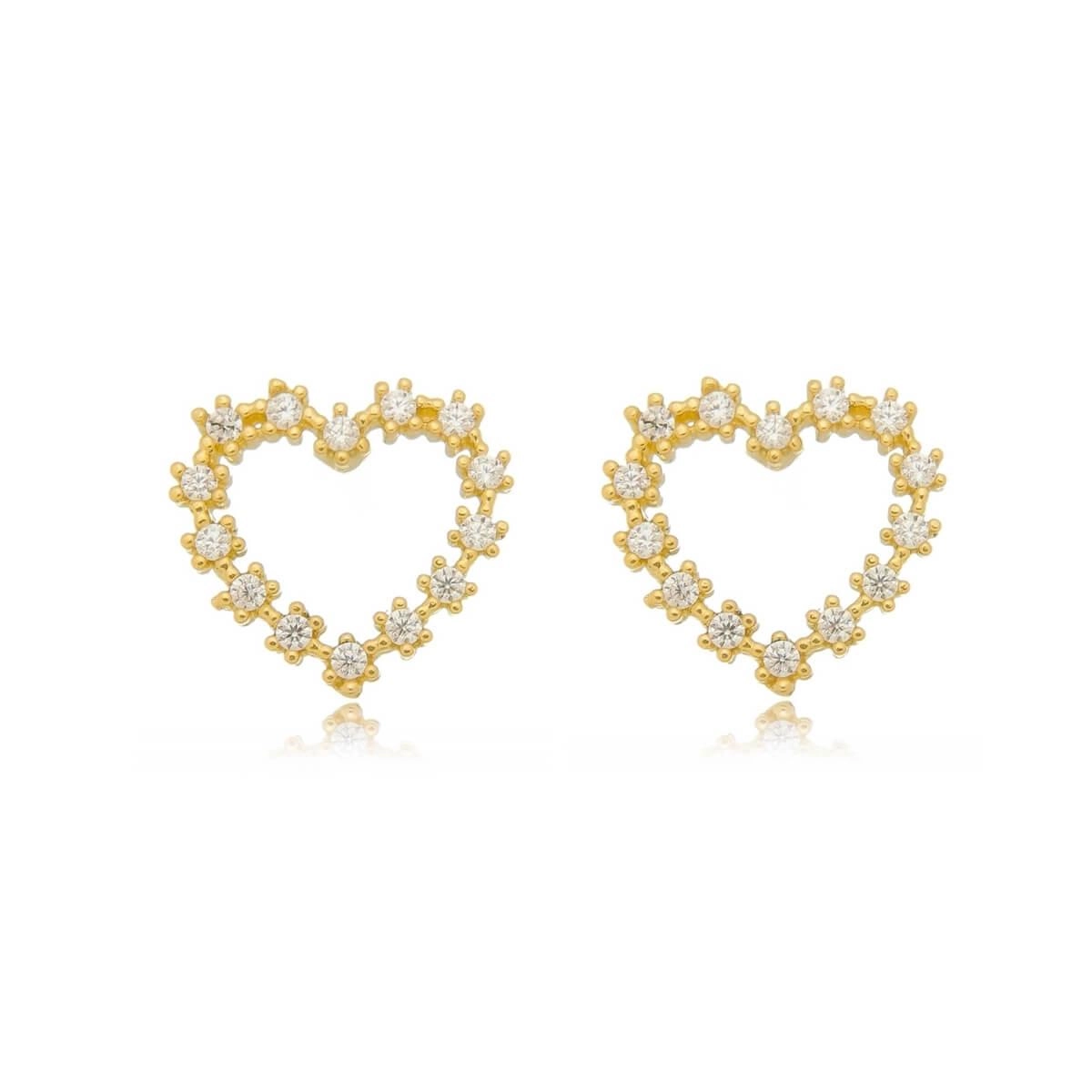 Brinco Ouro 18k Coração Vazado C/ Zircônias 9mm