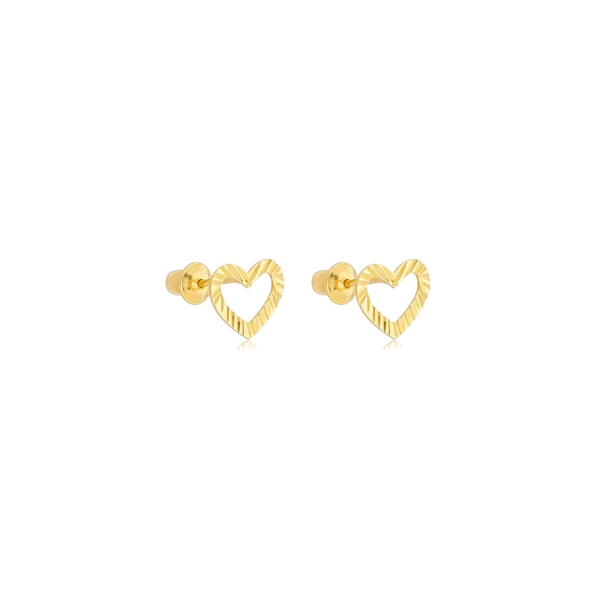 Brinco Ouro 18k Coração Vazado Trabalhado 6mm