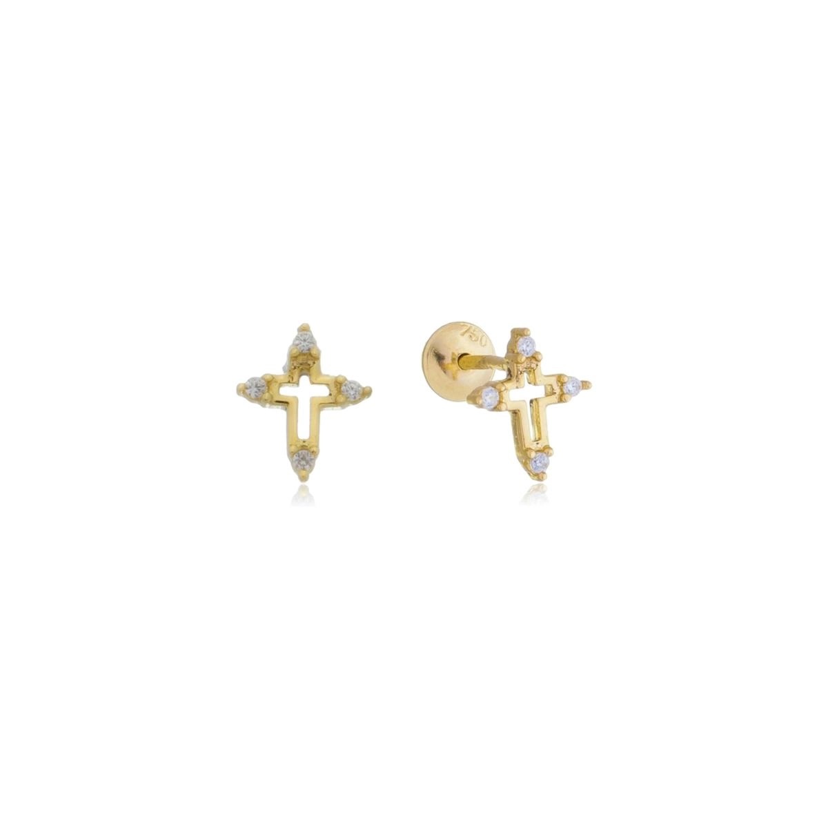 Brinco Ouro 18k Cruz C/Zircônias 7.50mm