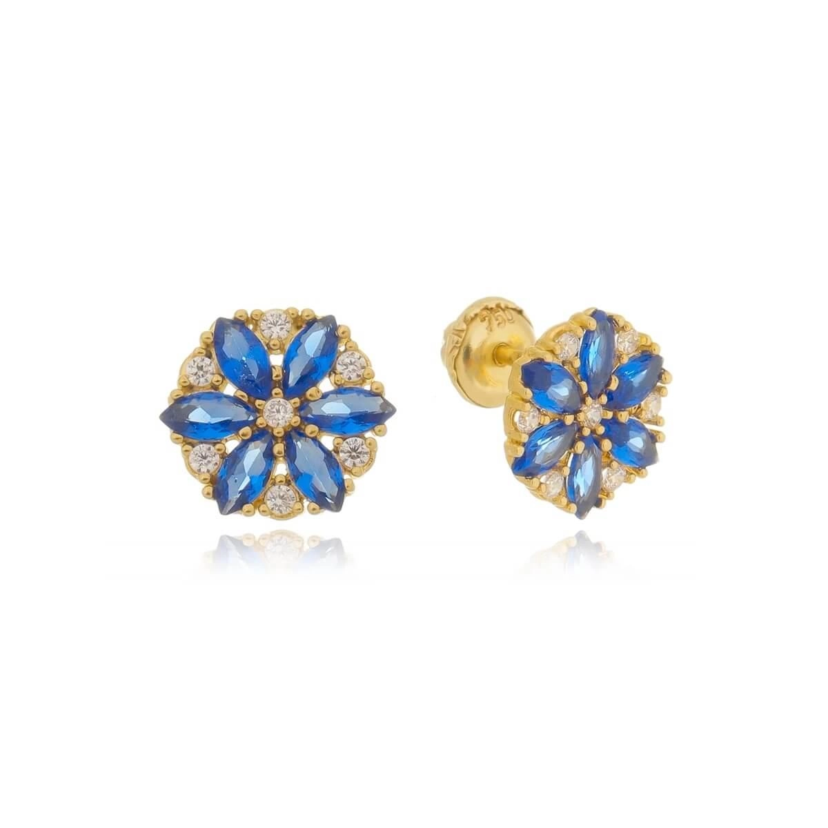 Brinco Ouro 18k Flor Azul 9mm