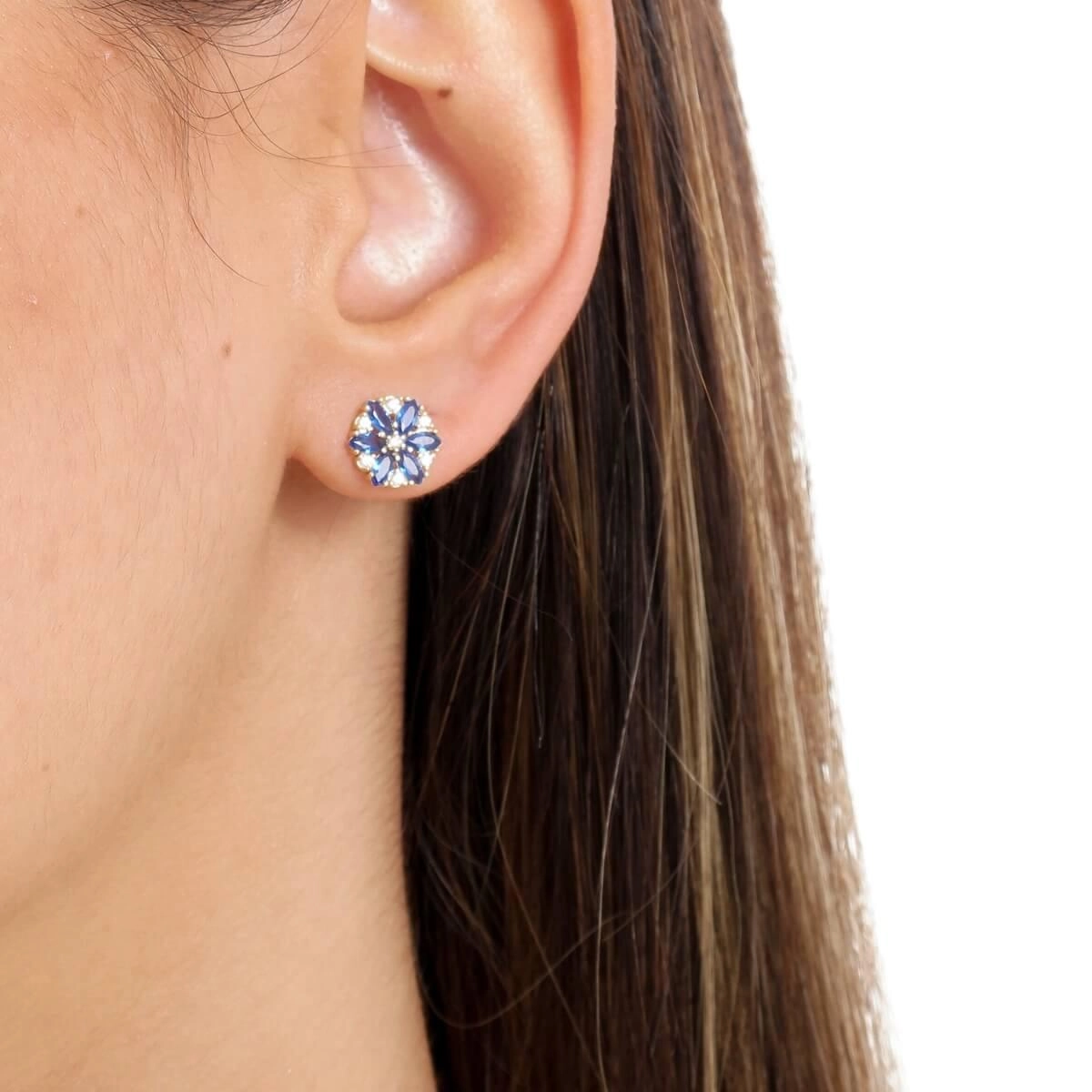 Brinco Ouro 18k Flor Azul 9mm