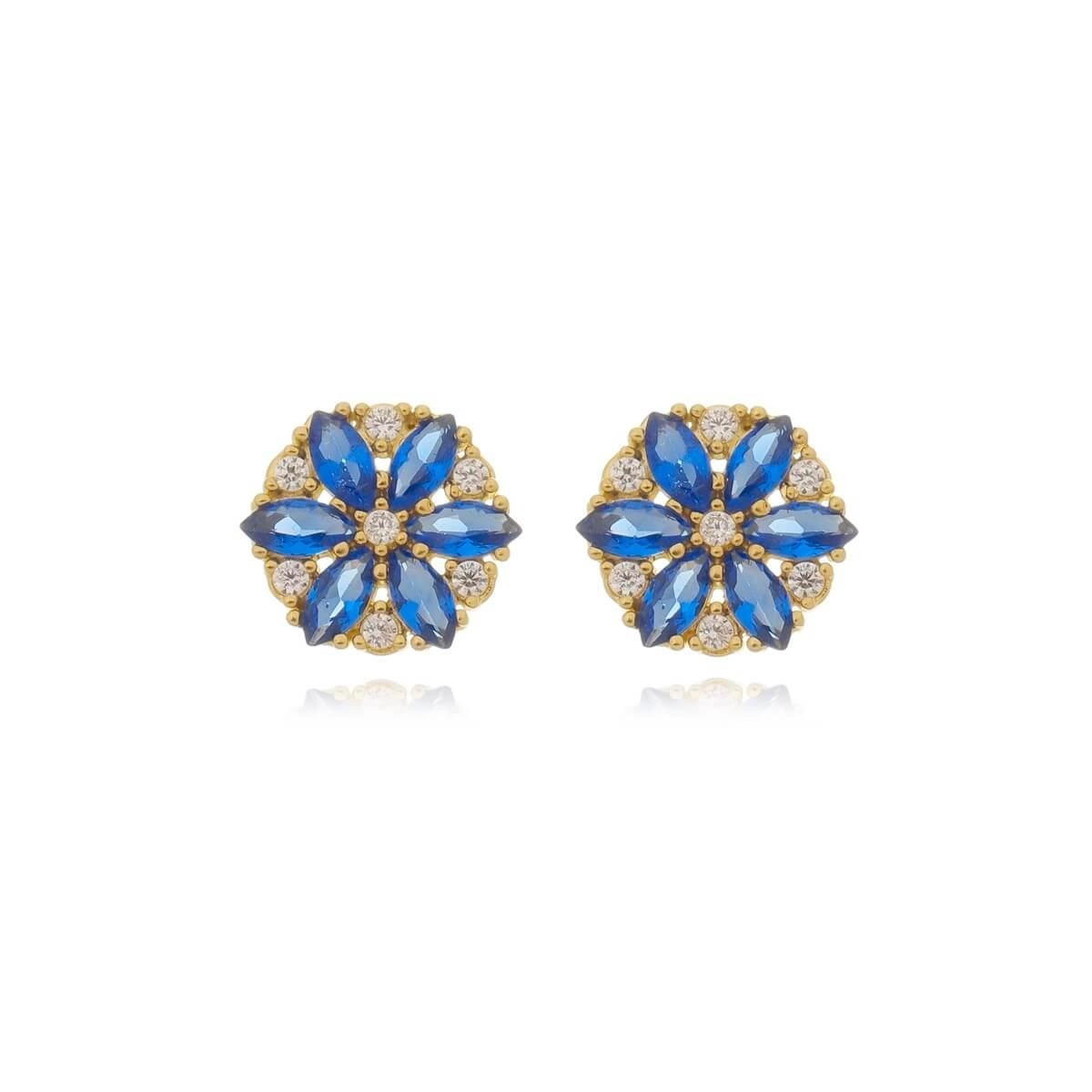 Brinco Ouro 18k Flor Azul 9mm