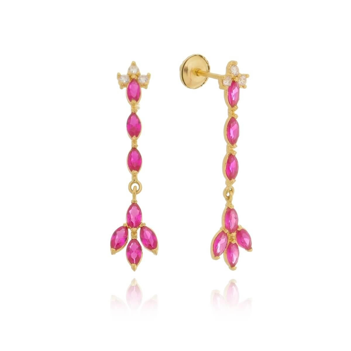 Brinco Ouro 18k Flor Pink Pendurada 3cm