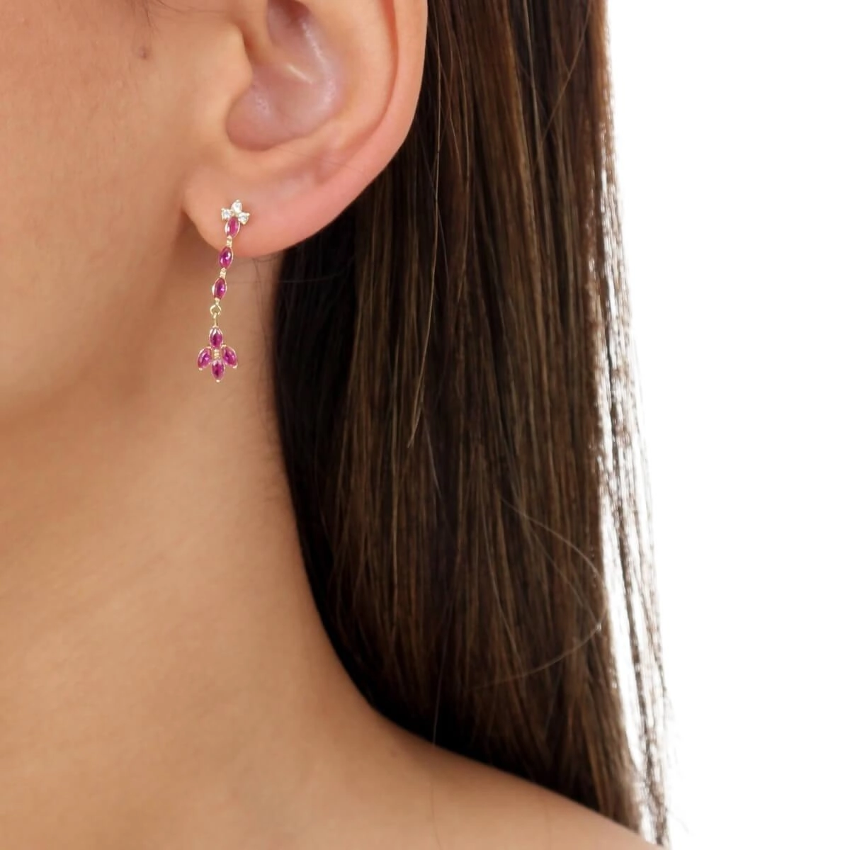 Brinco Ouro 18k Flor Pink Pendurada 3cm