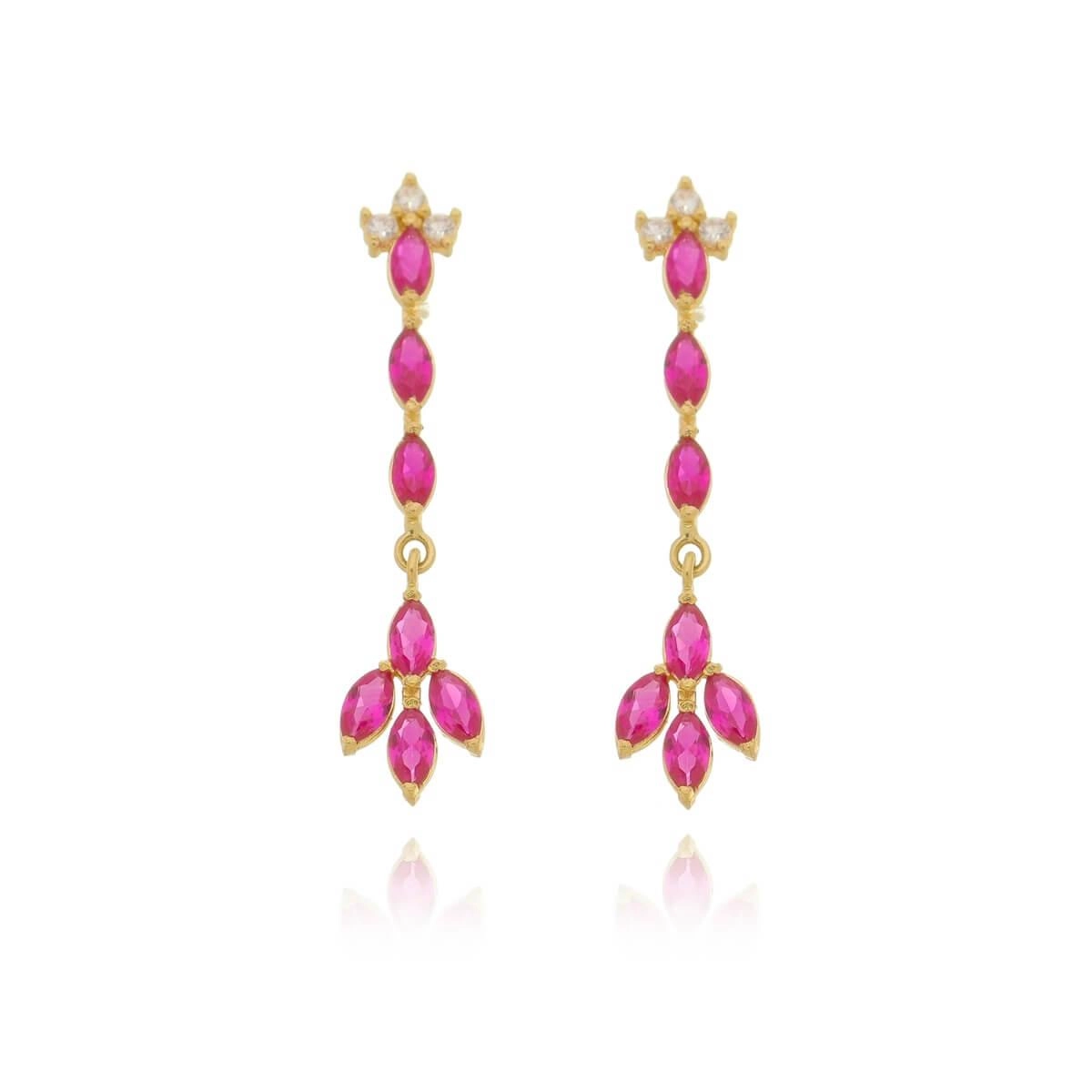 Brinco Ouro 18k Flor Pink Pendurada 3cm