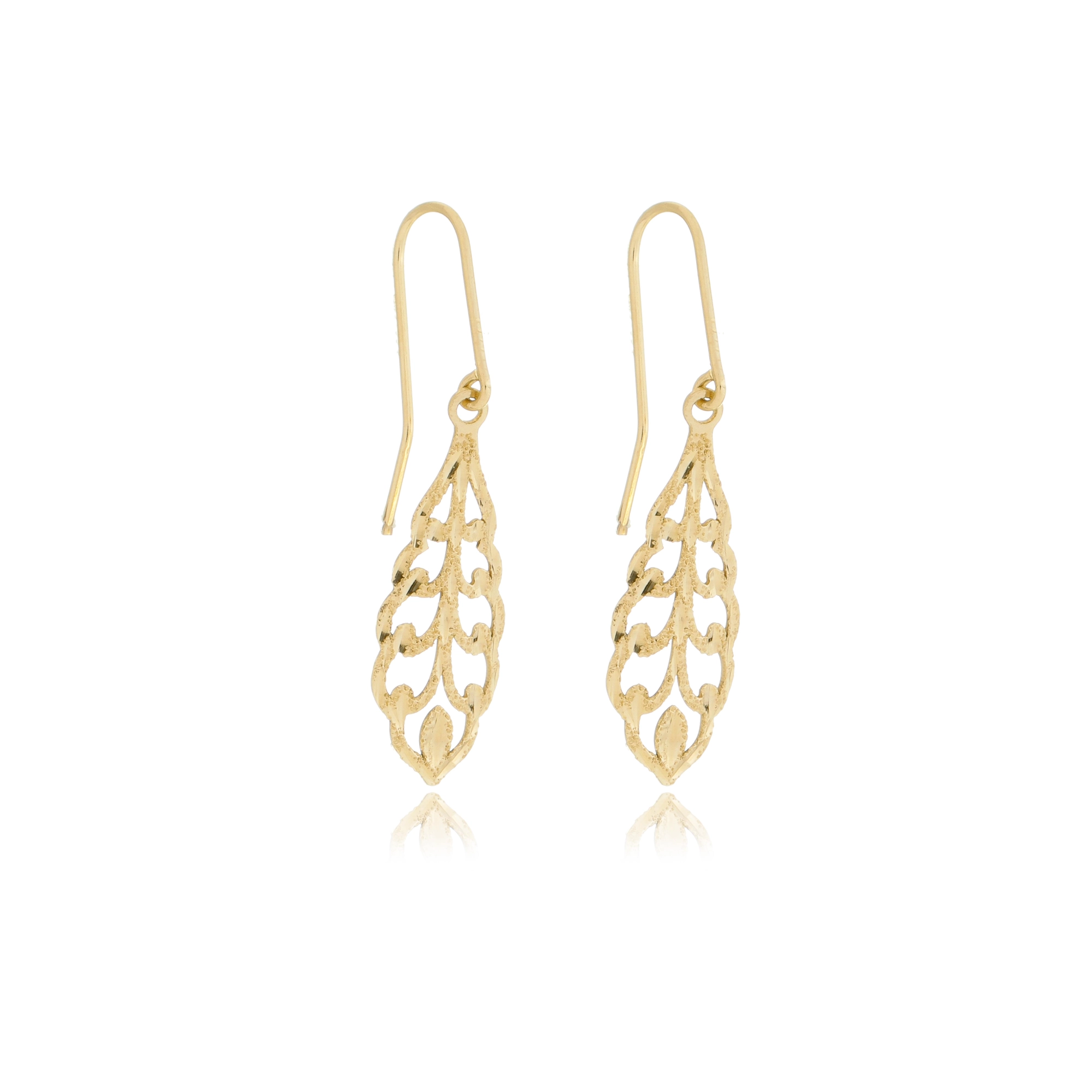 Brinco Ouro 18k Folha Trabalhada Pendurada