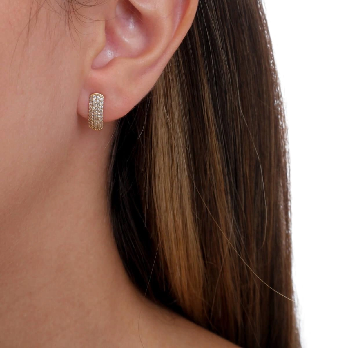 Brinco Ouro 18k Meia Argola C/ Pedras 13mm