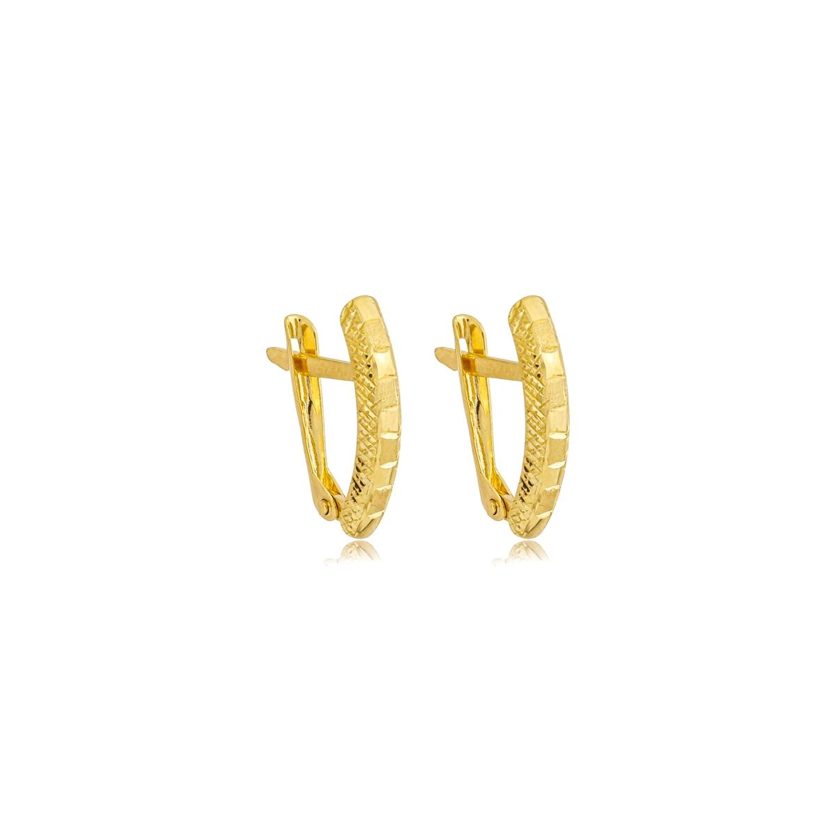 Brinco Ouro 18k Meia Argola Diamantada Fosca C/Trava 1.65cm