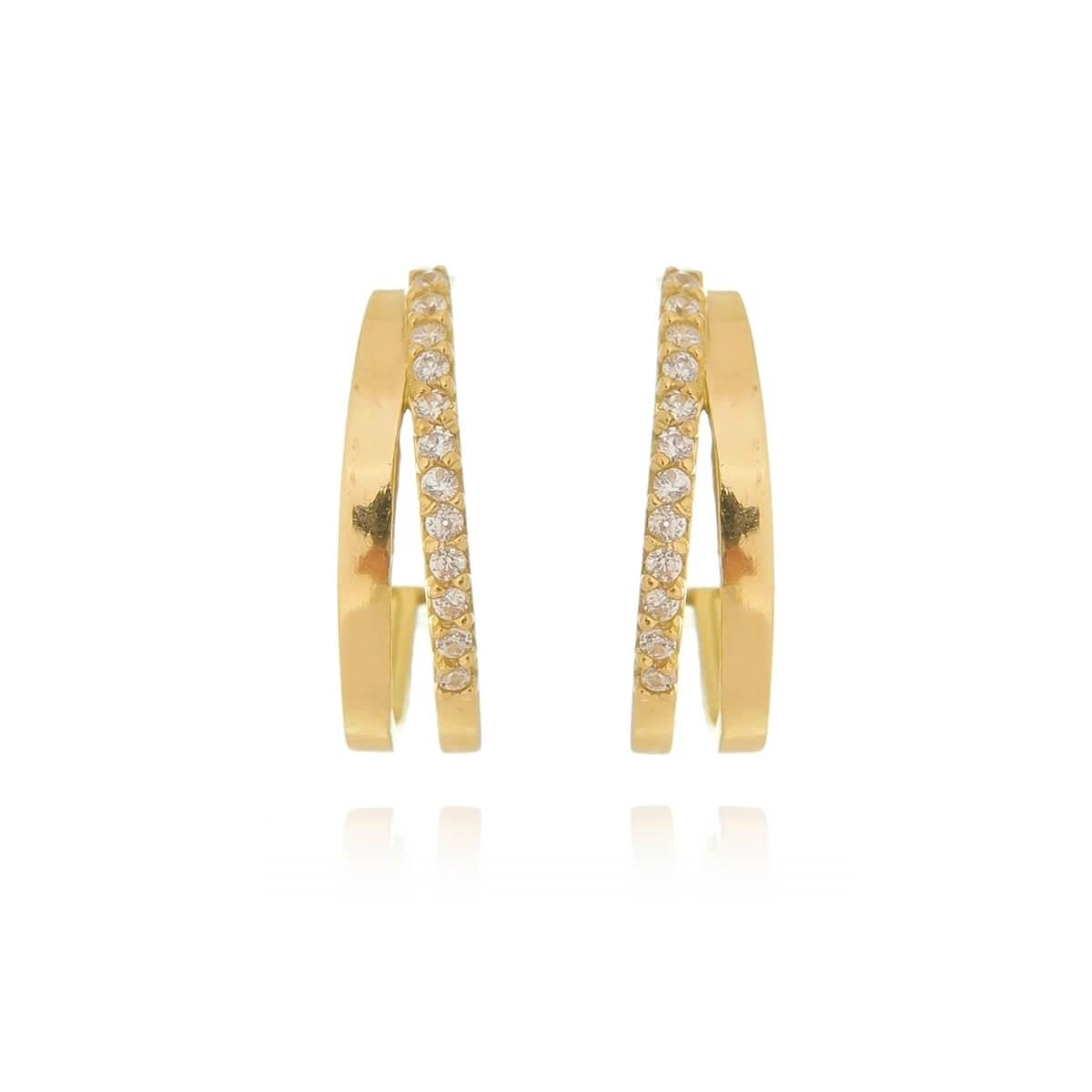 Brinco Ouro 18k Meia Argola Dupla C/Zircônias 14mm