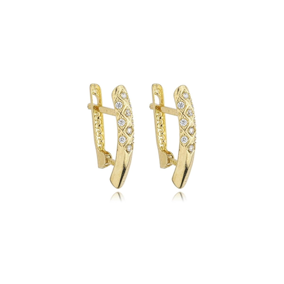 Brinco Ouro 18k Meia Argola Trava 1.50cm C/Zircônias