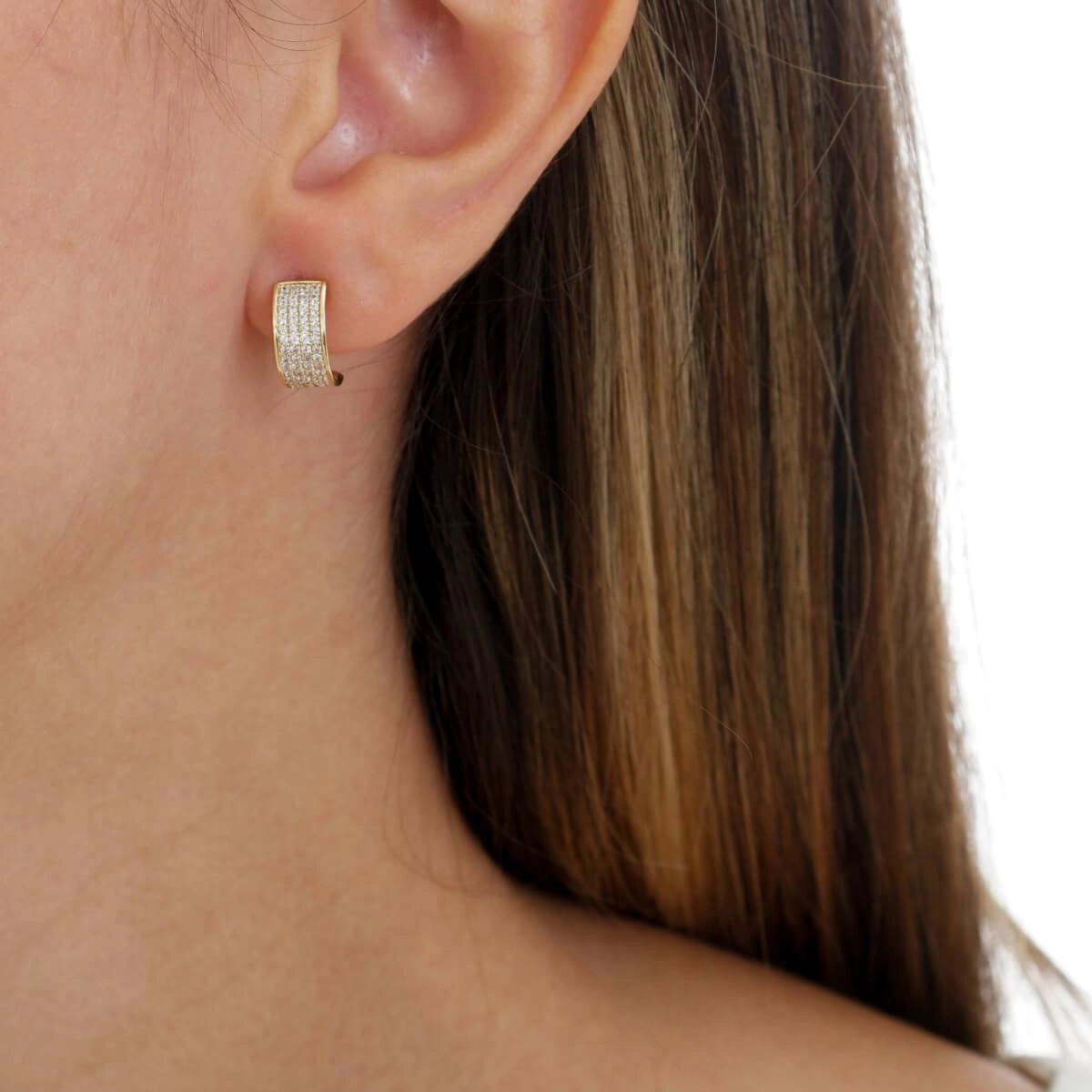 Brinco Ouro 18k Meia Lua Cravejado 13mm