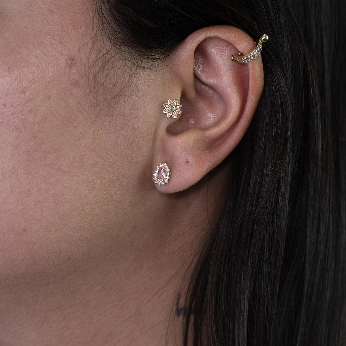 Brinco Ouro 18k Ponto de Luz Gota Rosa