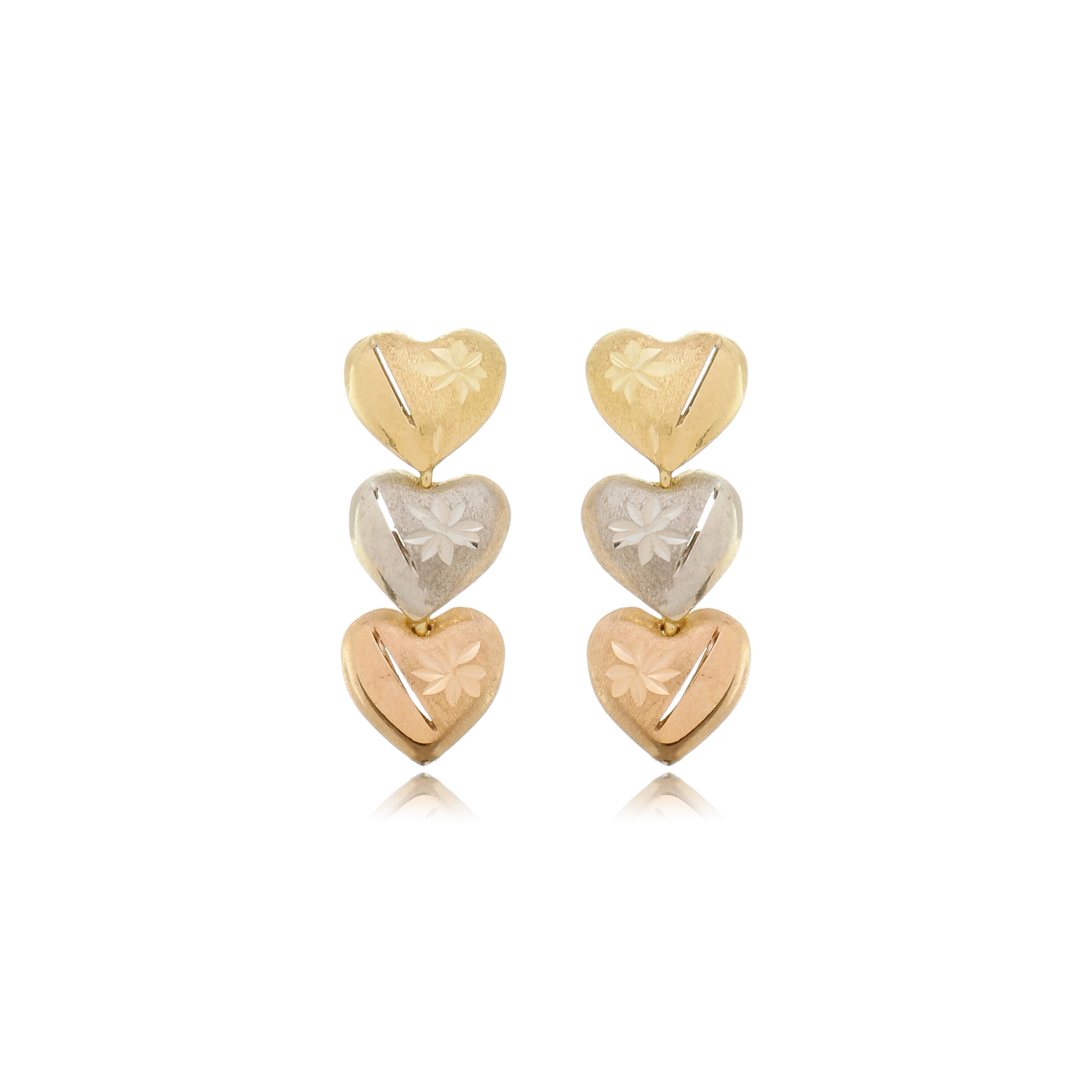 Brinco Ouro 18k Três Corações Tricolor