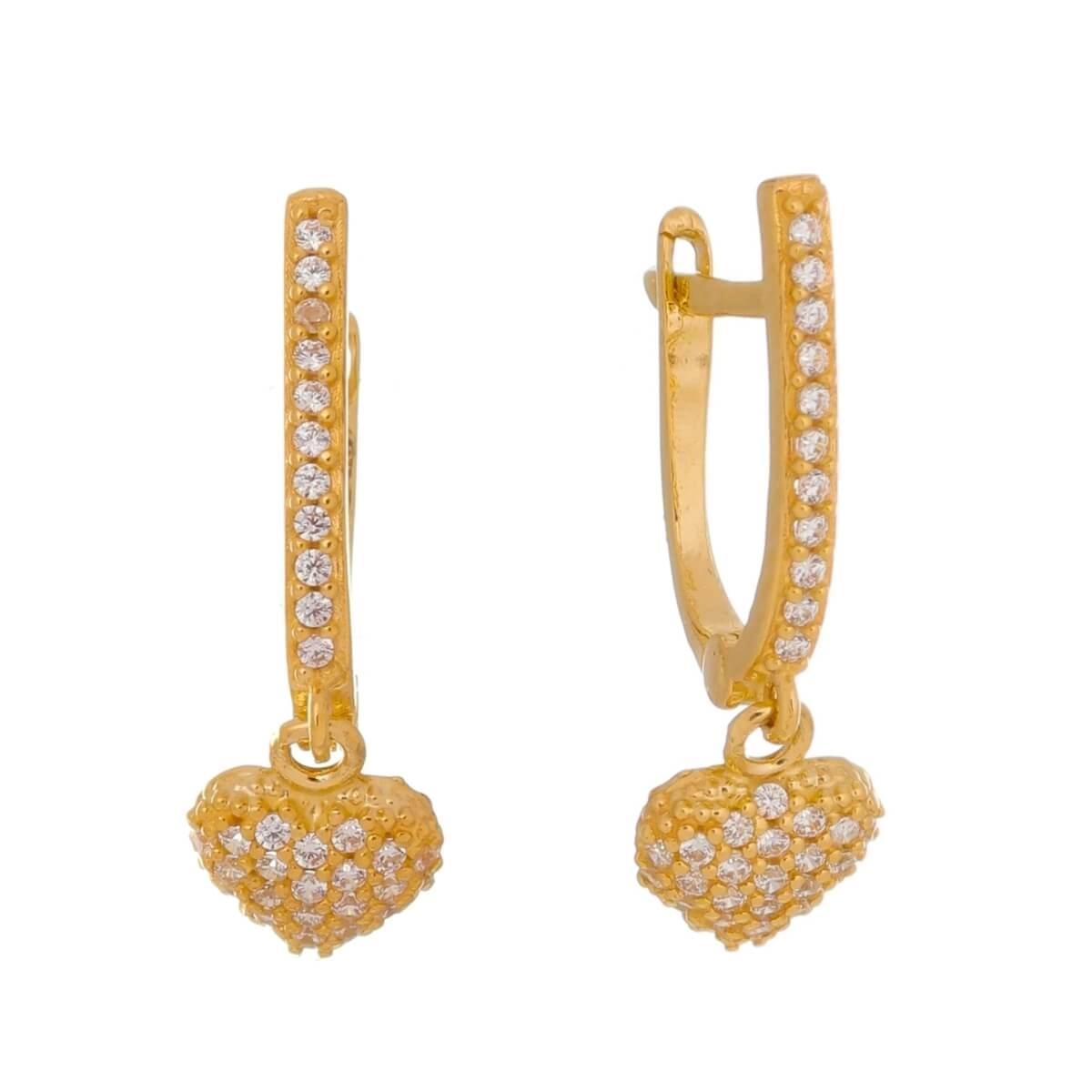 Brinco Ouro 18k Trava Coração C/ Zircônia 19mm