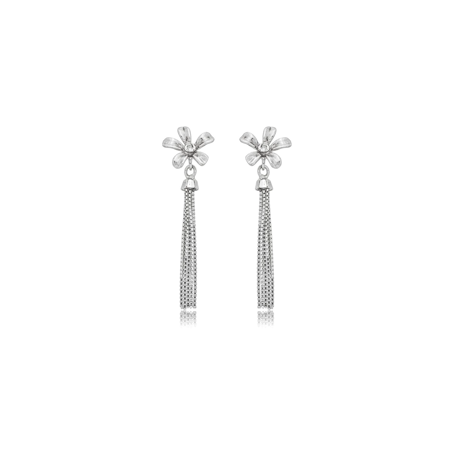 Brinco Ouro Branco 18k Flor Veneziana Pendurada