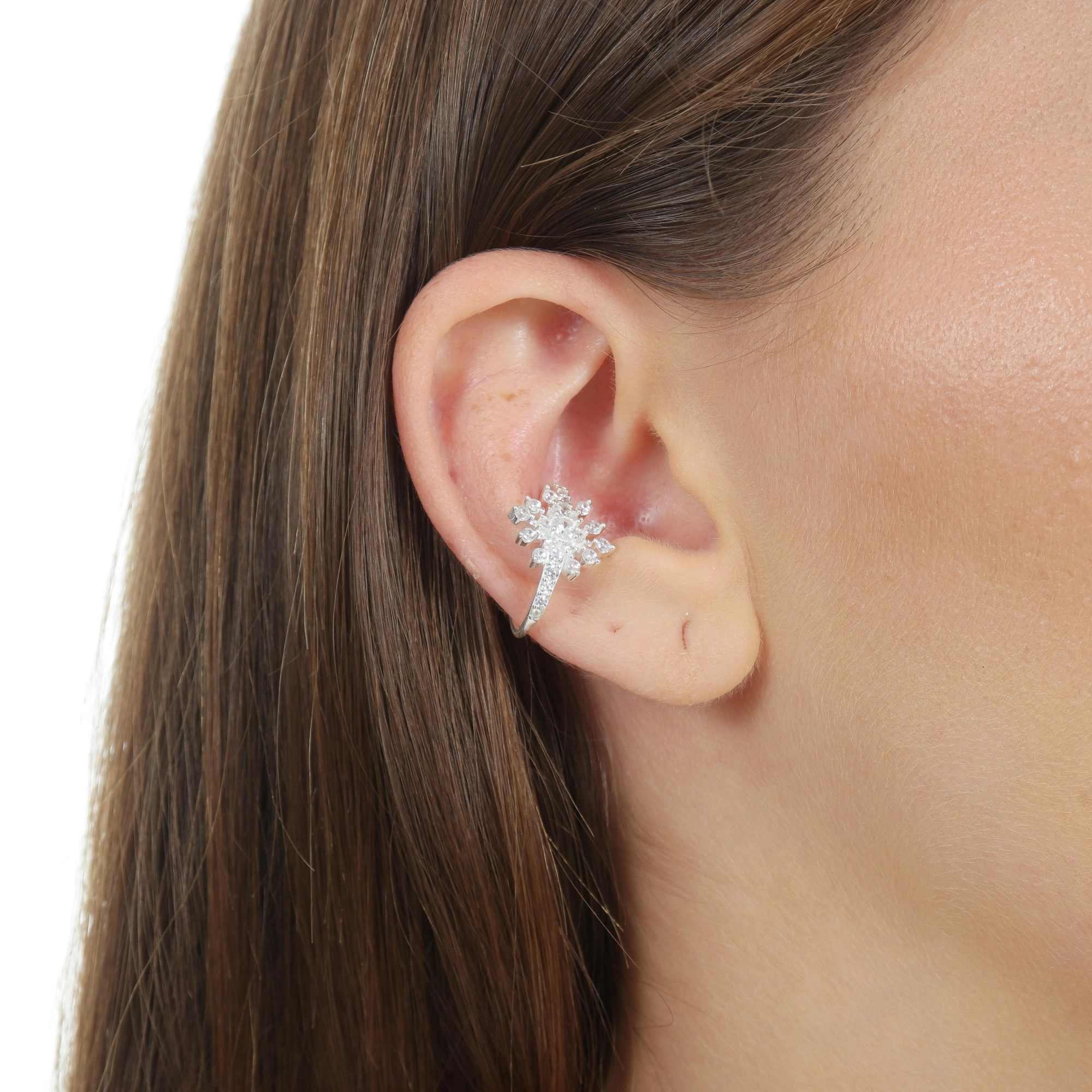 Brinco Piercing Prata Flor 1.35cm C/Zircônias Prata 925