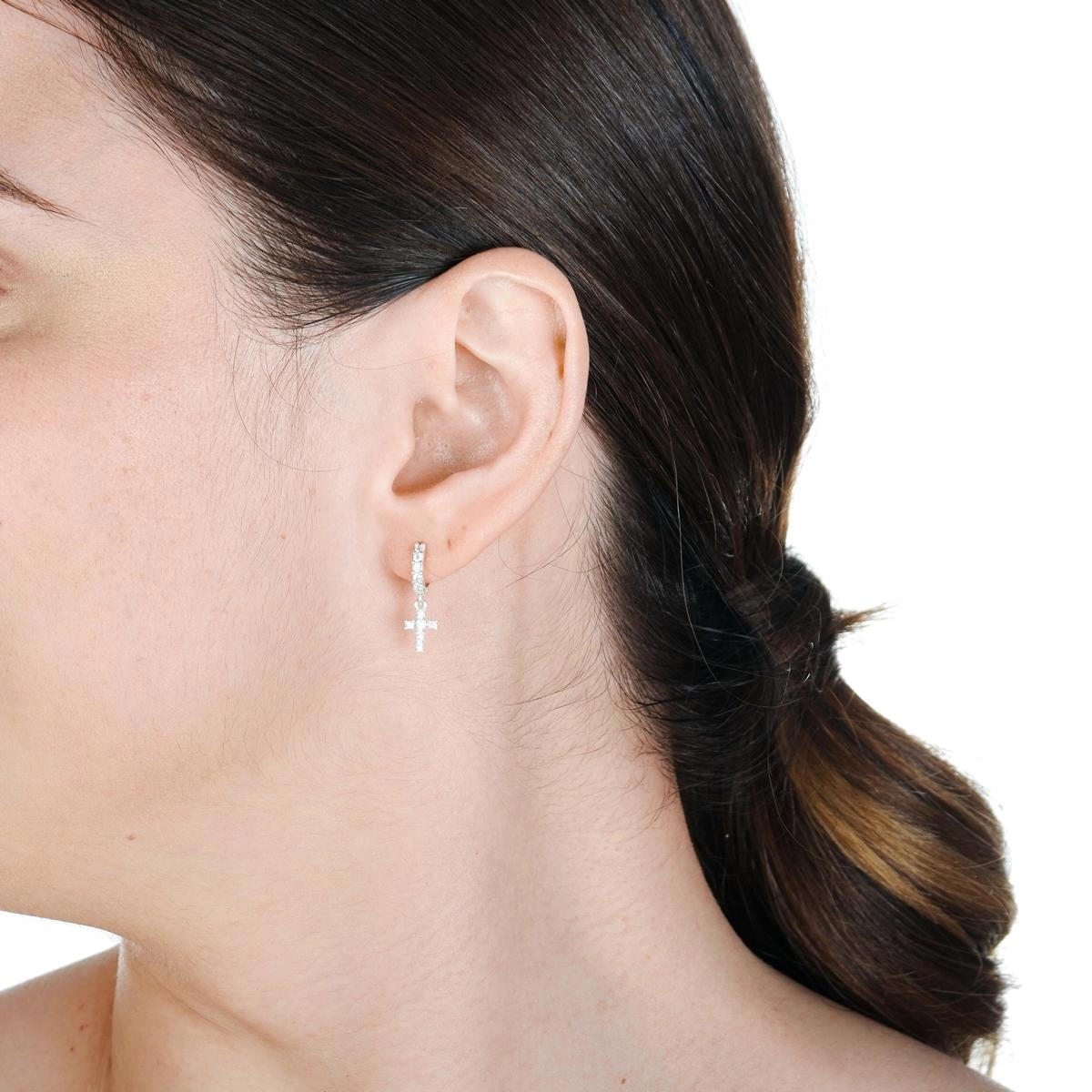 Brinco Prata 925 Argola C/Cruz Pendurada Zircônias