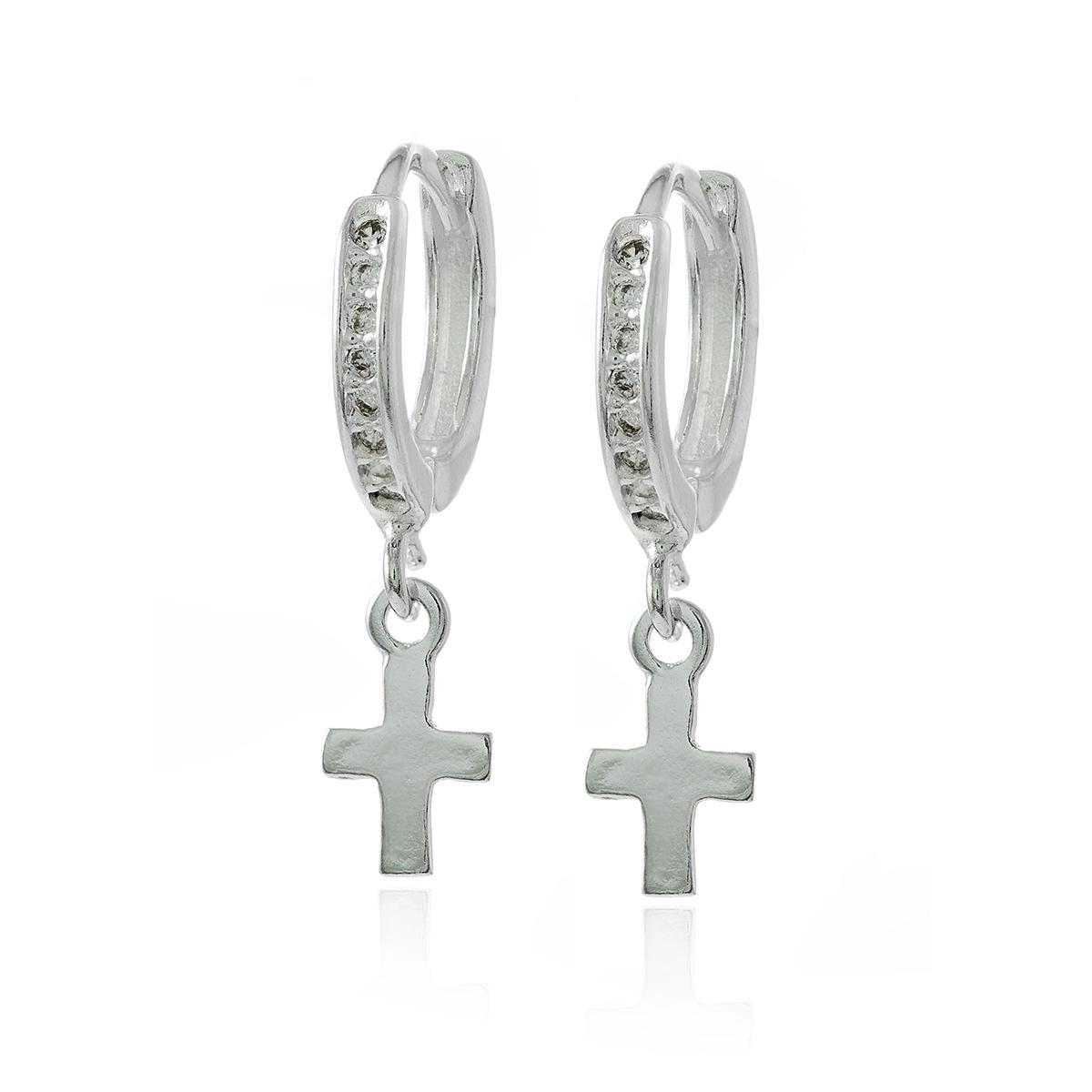 Brinco Prata 925 Argola Cruz Lisa Pendurada
