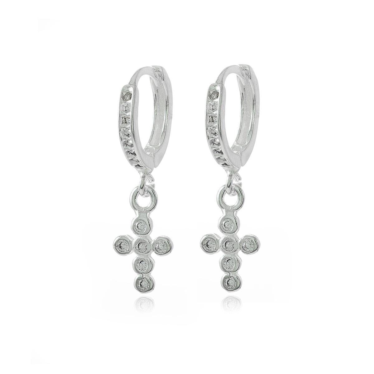 Brinco Prata 925 Argola Cruz Pendurada C/Zircônias