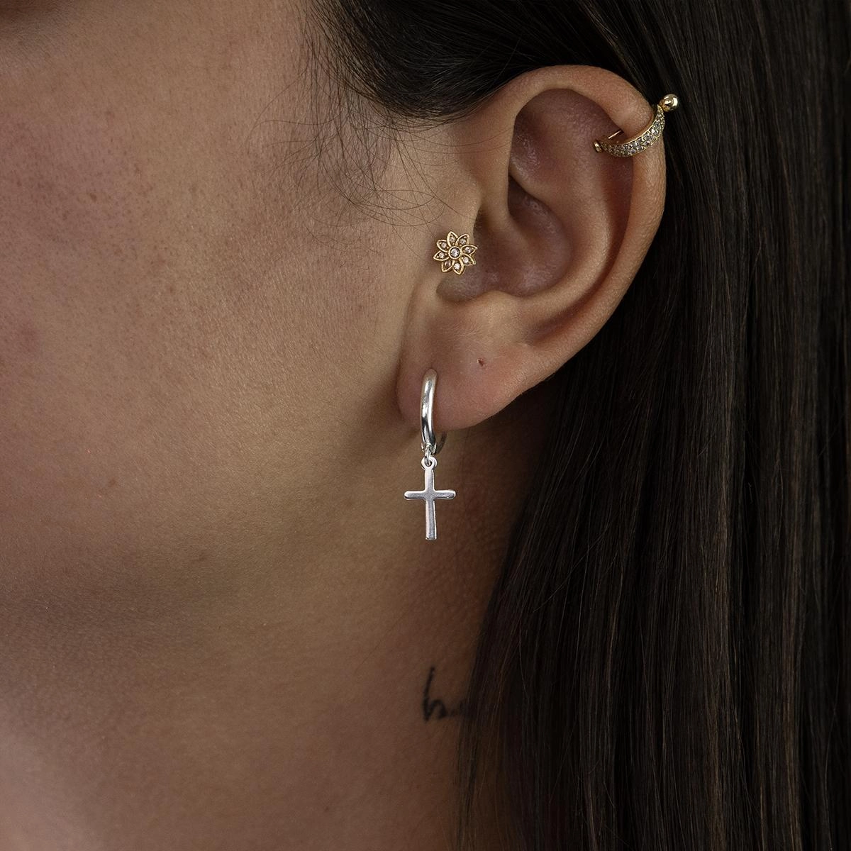 Brinco Prata 925 Argola Cruz Pendurada Lisa