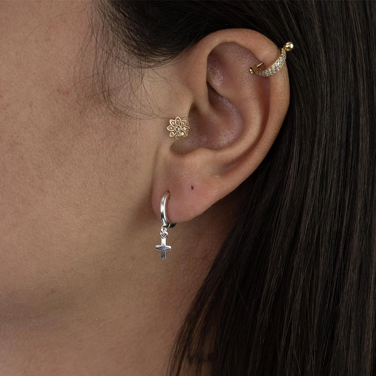 Brinco Prata 925 Argola Cruz Pendurada Lisa Pequena