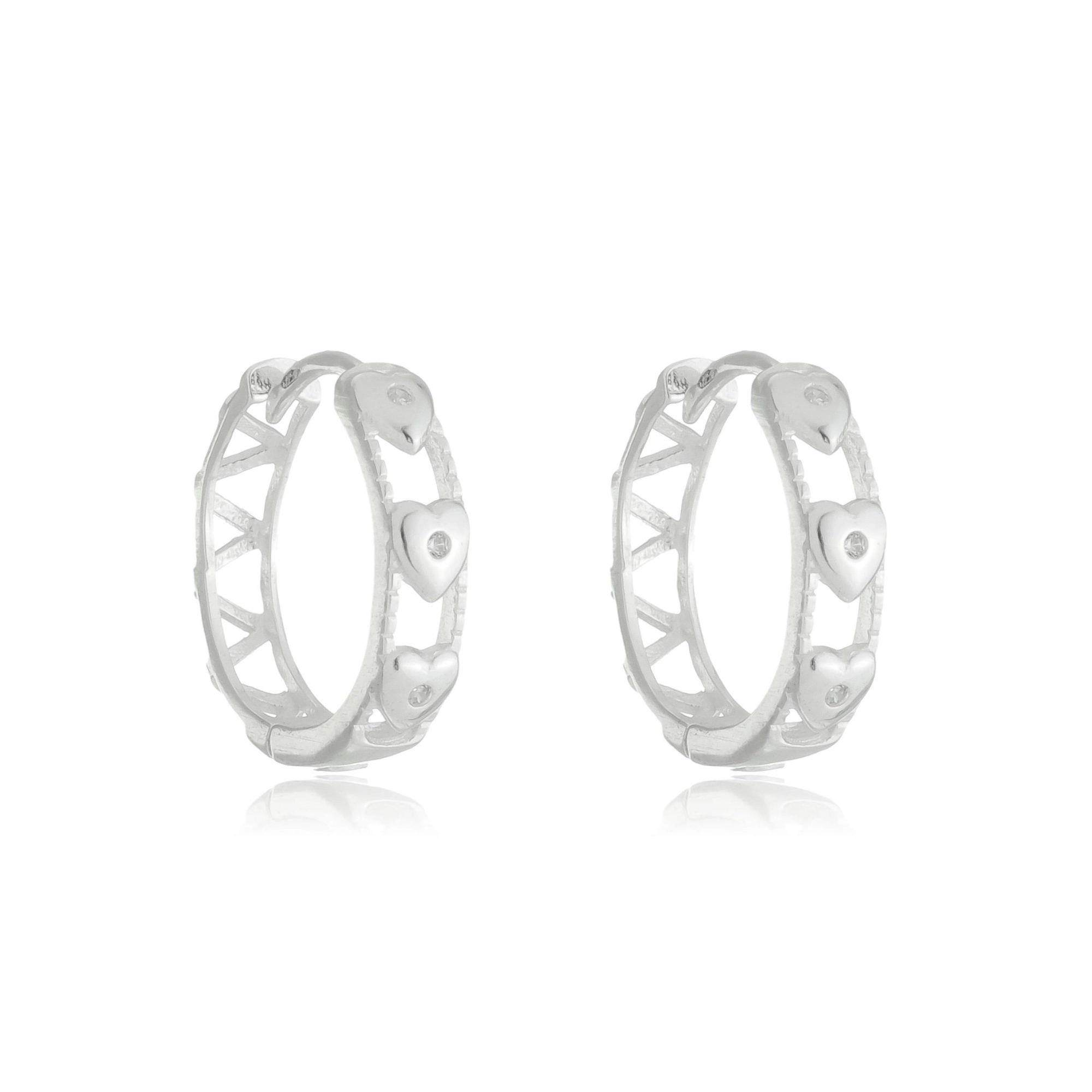 Brinco Prata Argola 1.45cm Corações C/Zircônias Prata 925