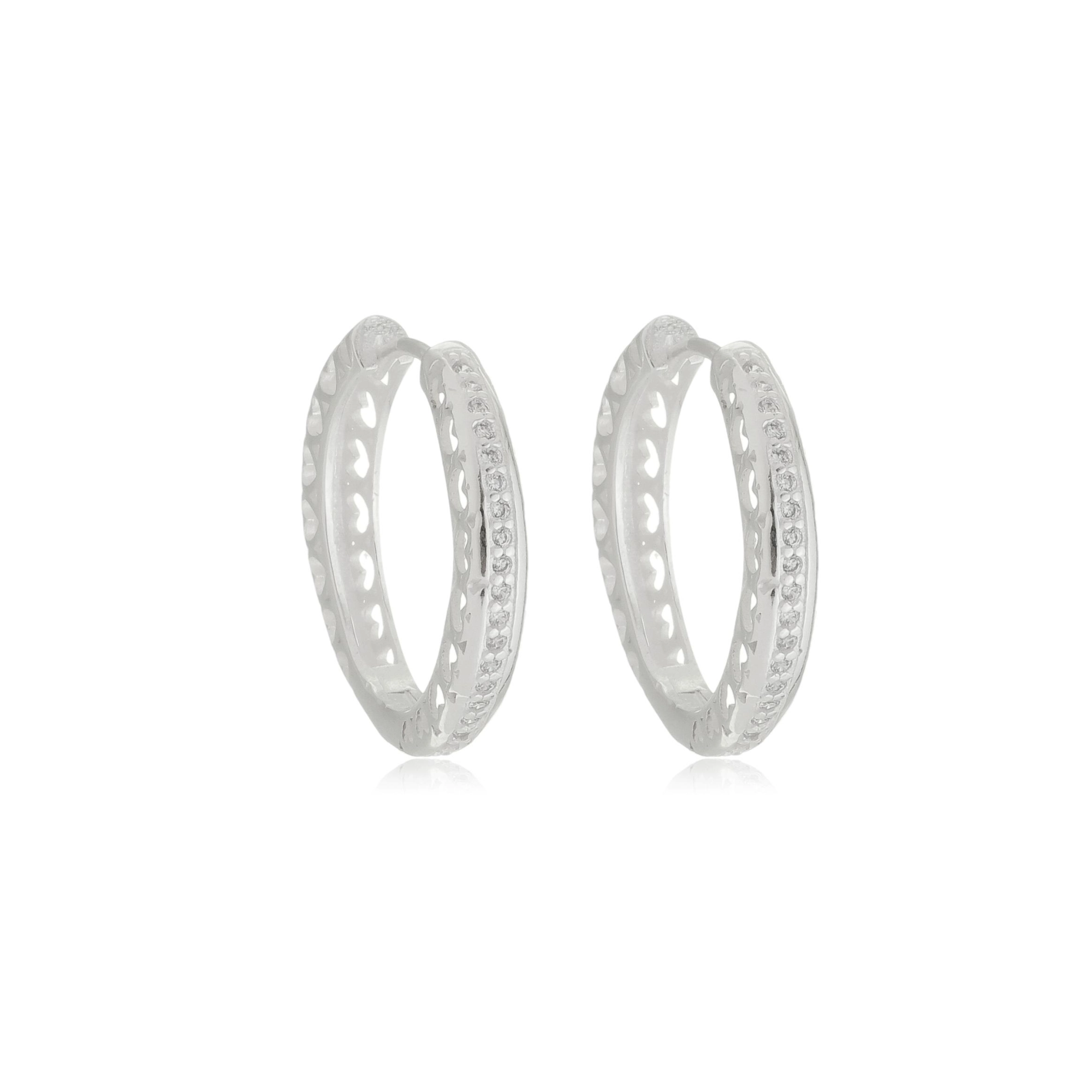 Brinco Prata Argola C/Corações e Zircônias 2.20cm Prata 925