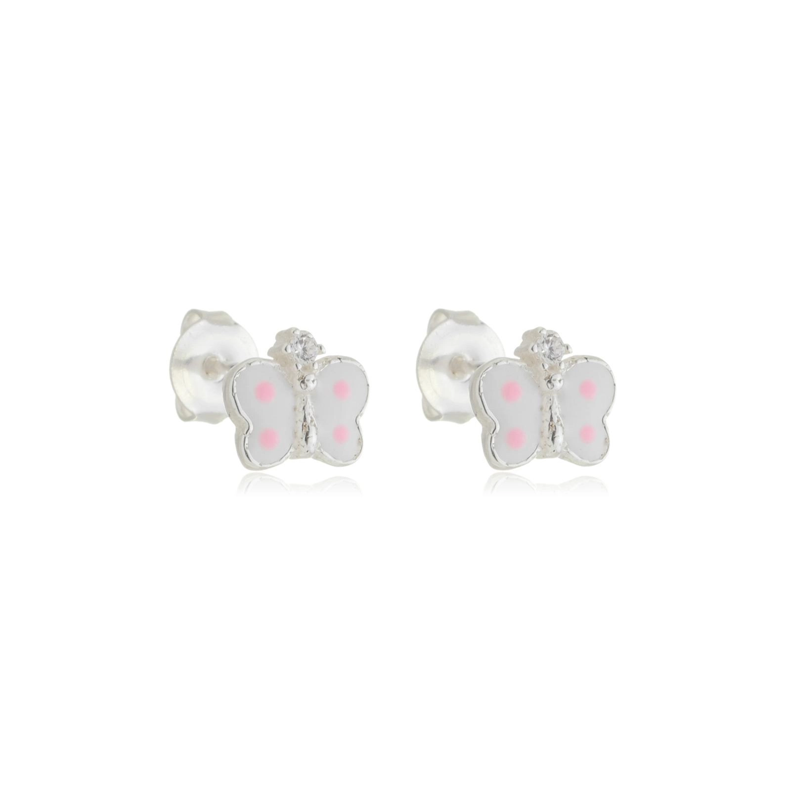 Brinco Prata Borboleta Branca C/ Pontos Rosas Prata 925
