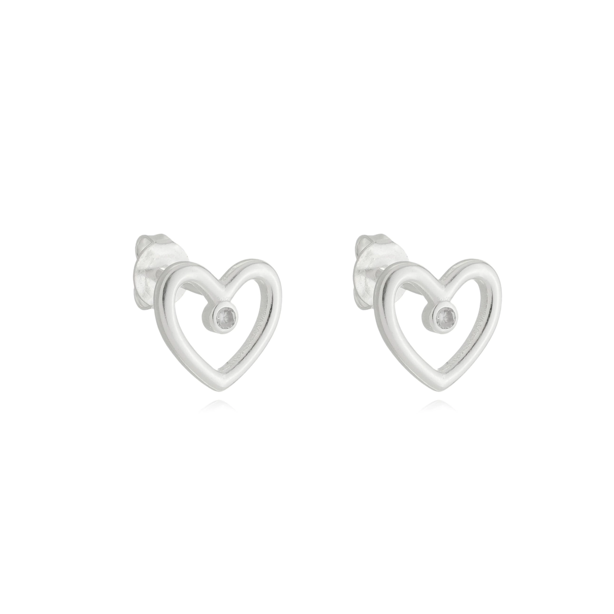 Brinco Prata Coração 10mm C/Zircônia Prata 925