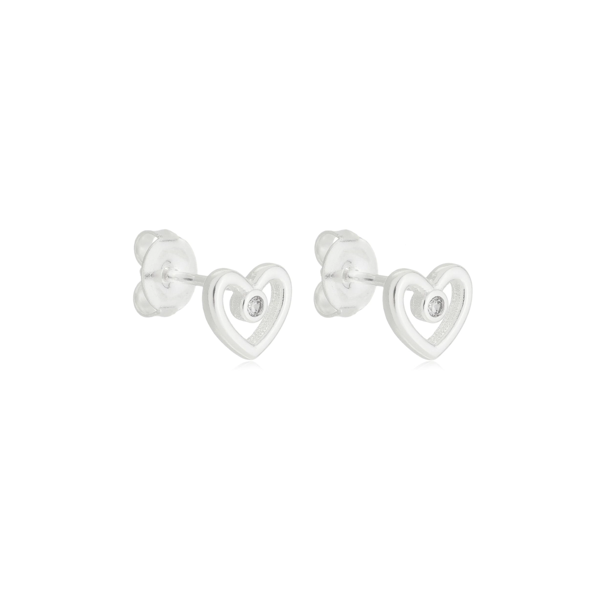 Brinco Prata Coração 6mm C/Zircônia Prata 925 