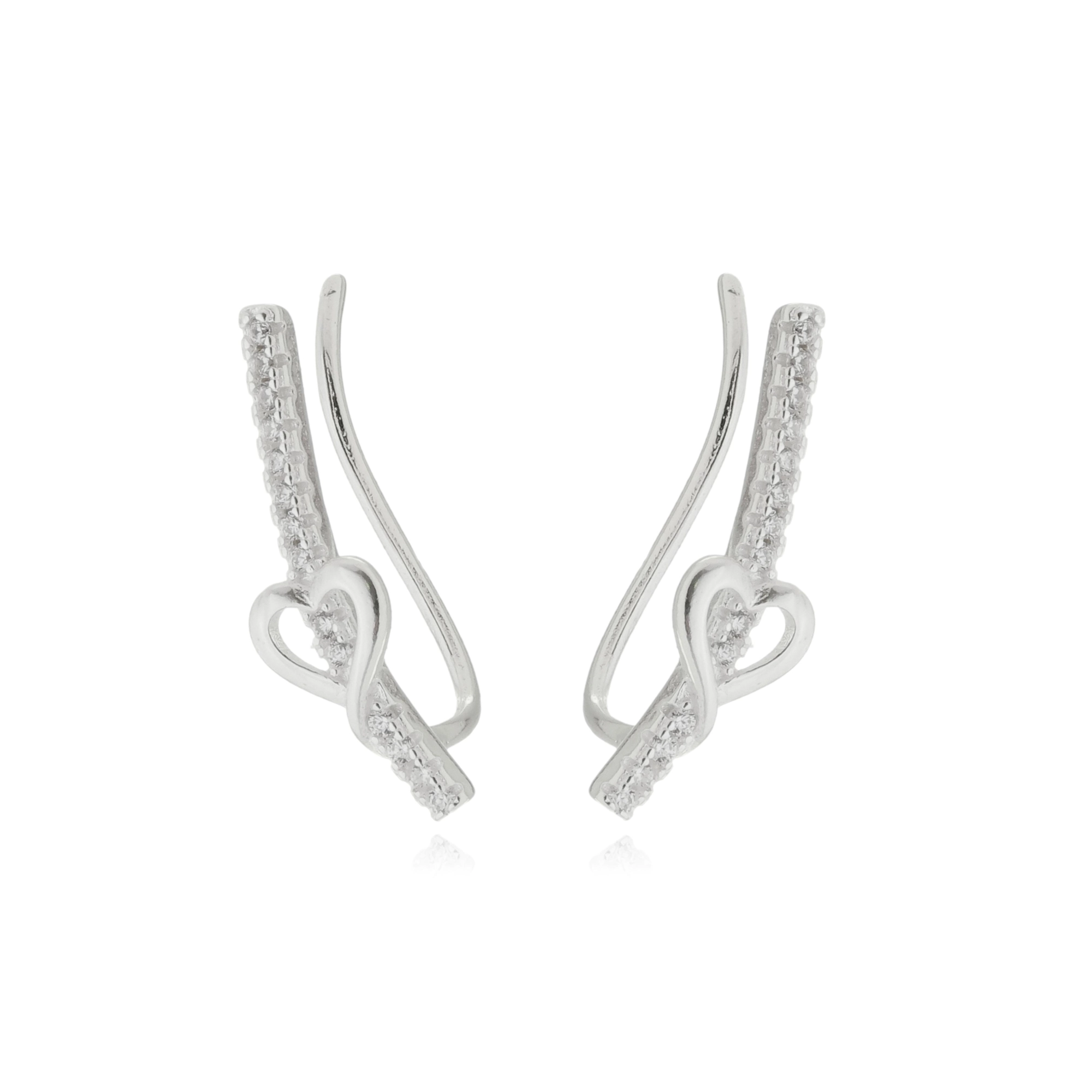 Brinco Prata Ear Cuff Coração C/Zircônias Prata 925