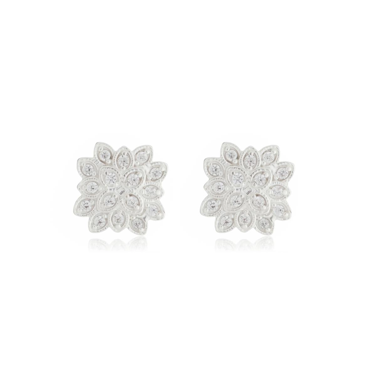 Brinco Prata Flor 8mm C/Zircônias Prata 925