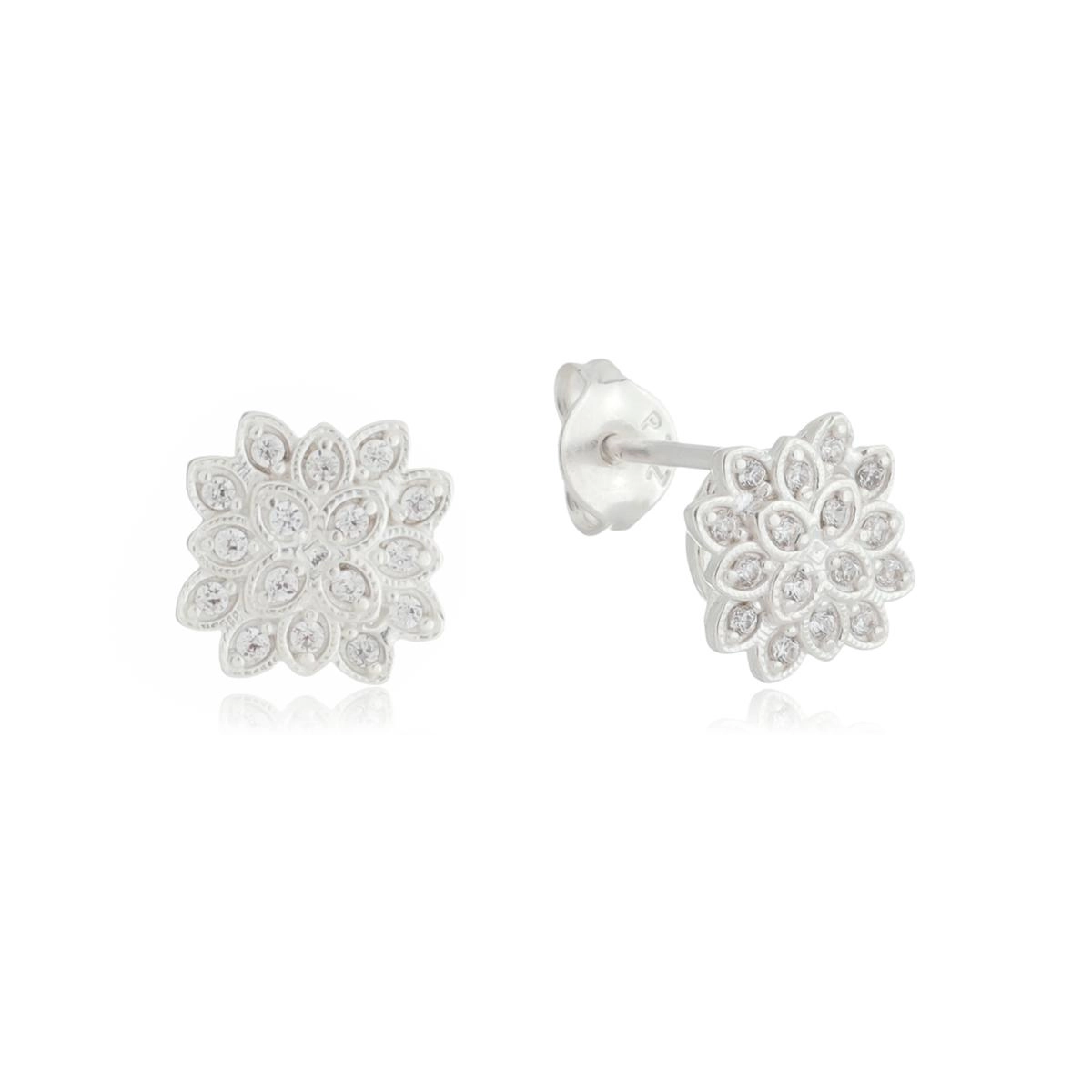 Brinco Prata Flor 8mm C/Zircônias Prata 925