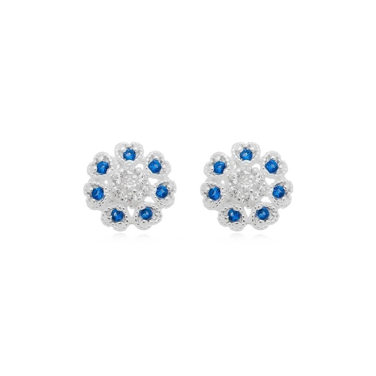 Brinco Prata Flor C/ Zircônia Azul 7.30mm Prata 925 BRF161AZ2