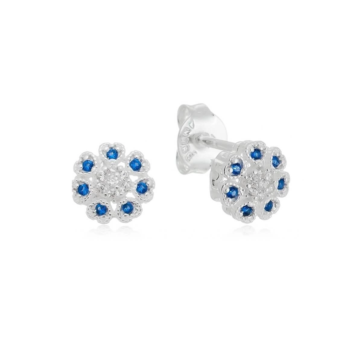 Brinco Prata Flor C/ Zircônia Azul 7.30mm Prata 925 BRF161AZ2