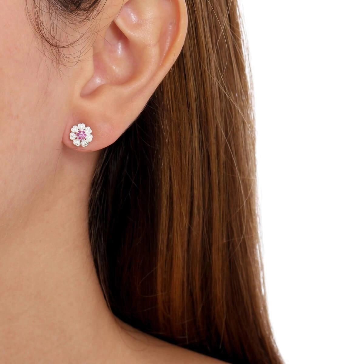 Brinco Prata Flor C/ Zircônia Pink 7.30mm Prata 925 BRF161Pk