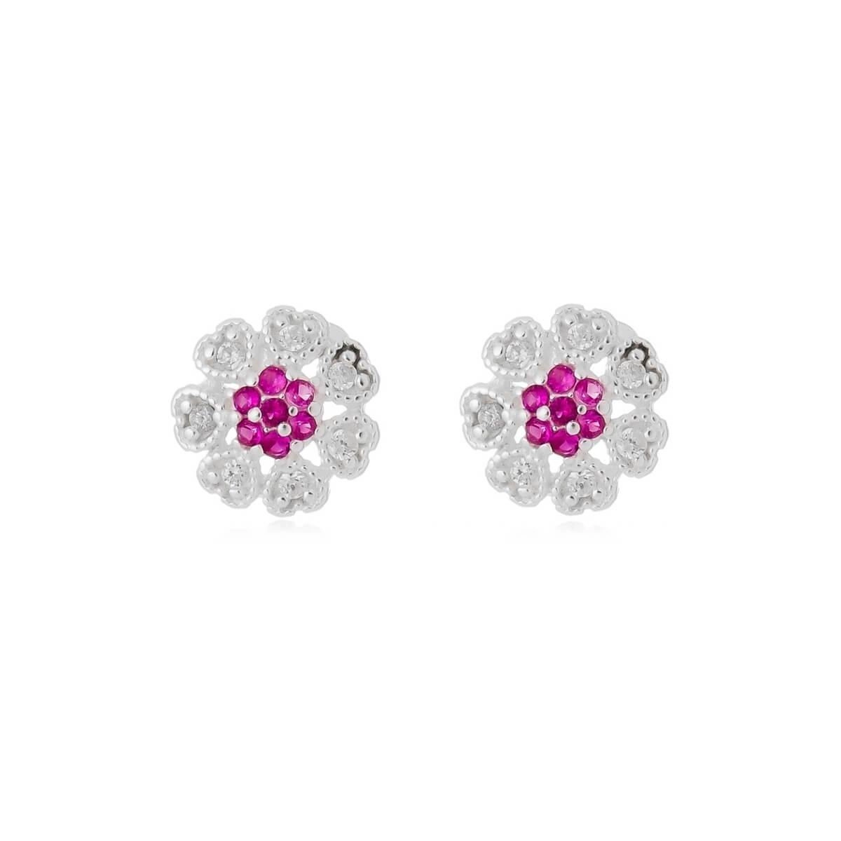 Brinco Prata Flor C/ Zircônia Pink 7.30mm Prata 925 BRF161Pk