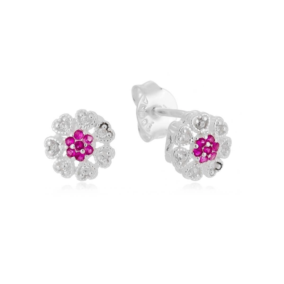Brinco Prata Flor C/ Zircônia Pink 7.30mm Prata 925 BRF161Pk