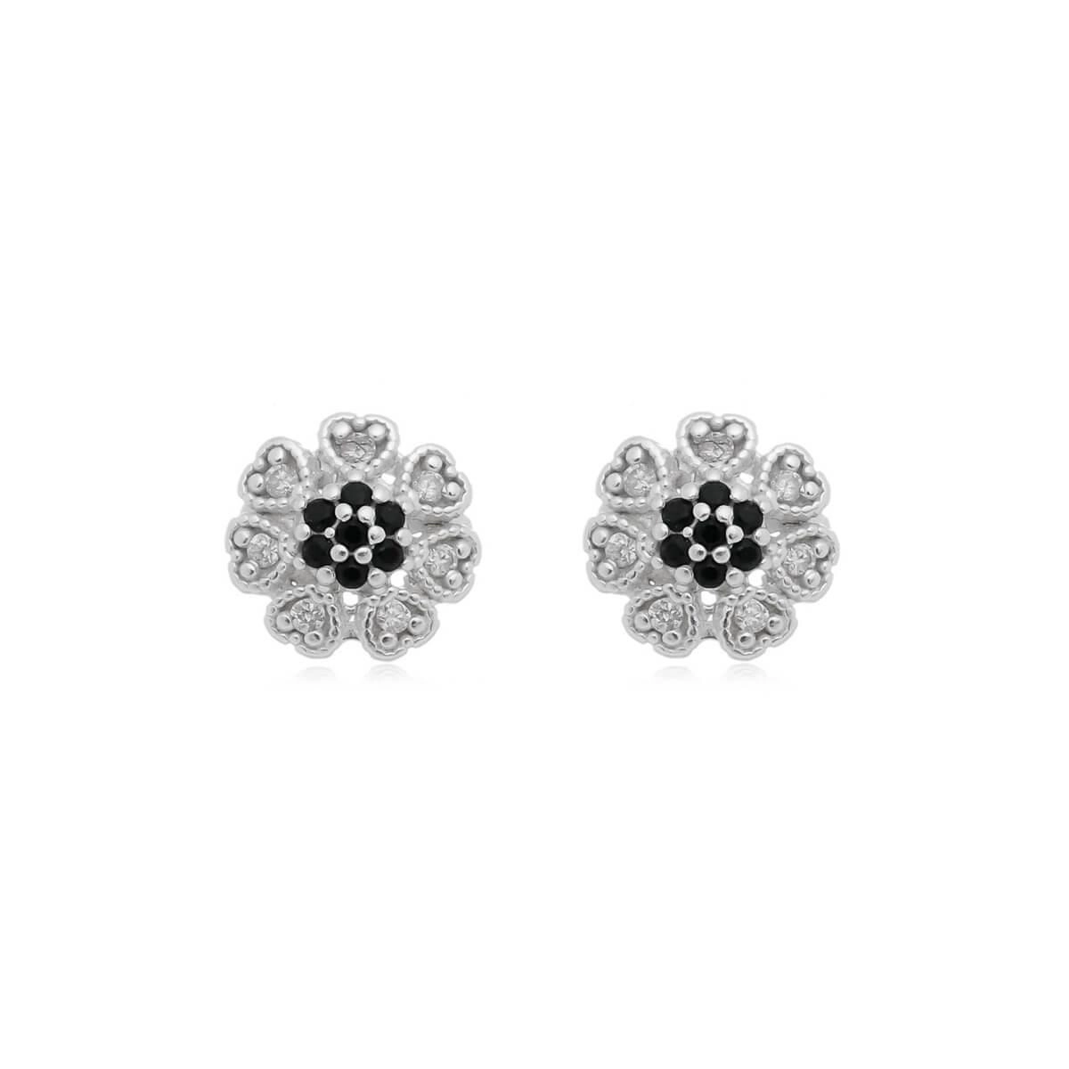 Brinco Prata Flor C/ Zircônia Preto 7.30mm Prata 925 BRF161PT