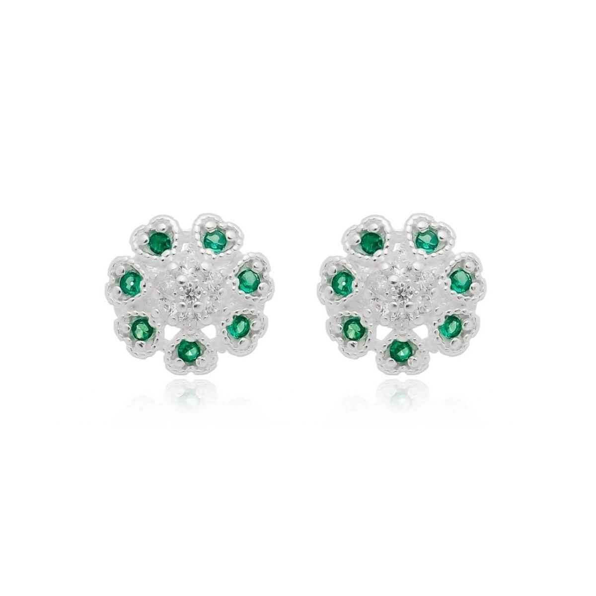 Brinco Prata Flor C/ Zircônia Verde 7.30mm Prata 925 BRF161VD2